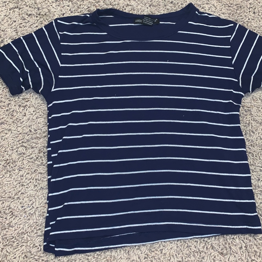 navy blue and white striped tee